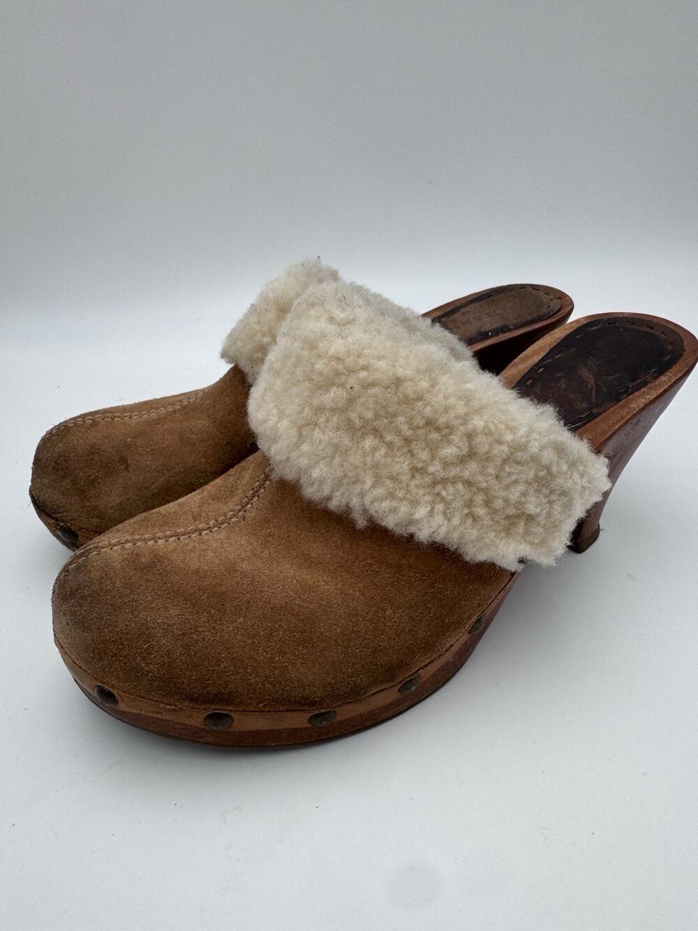 Gianni Bini Women’s Size 8M Brown Leather Fur Clog Mule Heels